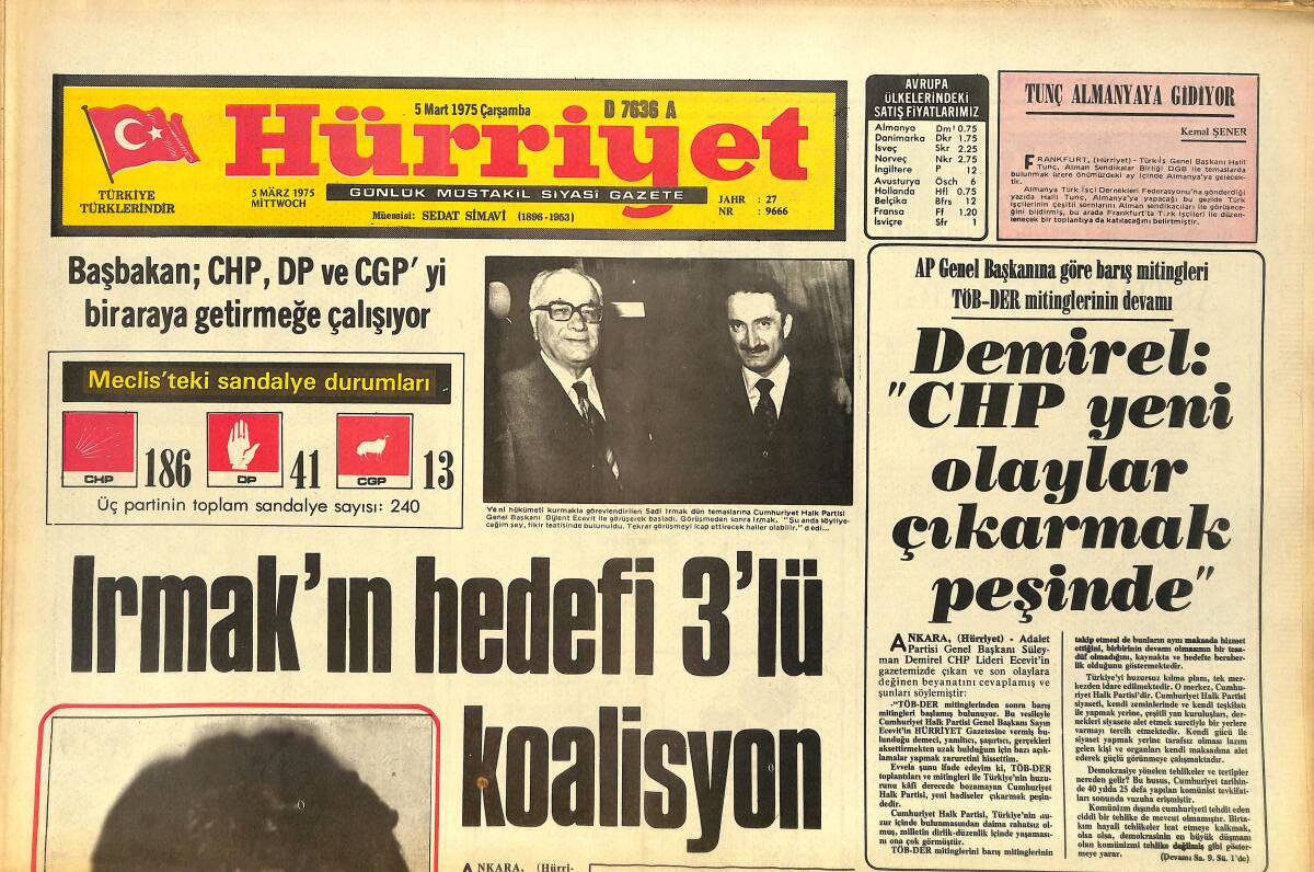 Hürriyet Gazetesi 5 Mart 1975 - Zeki Müren'in Ay Parçası 8 Yıla Mahkum Oldu - Amerikan Üssünün Kilit Adamları Türk GZ157534 - 1