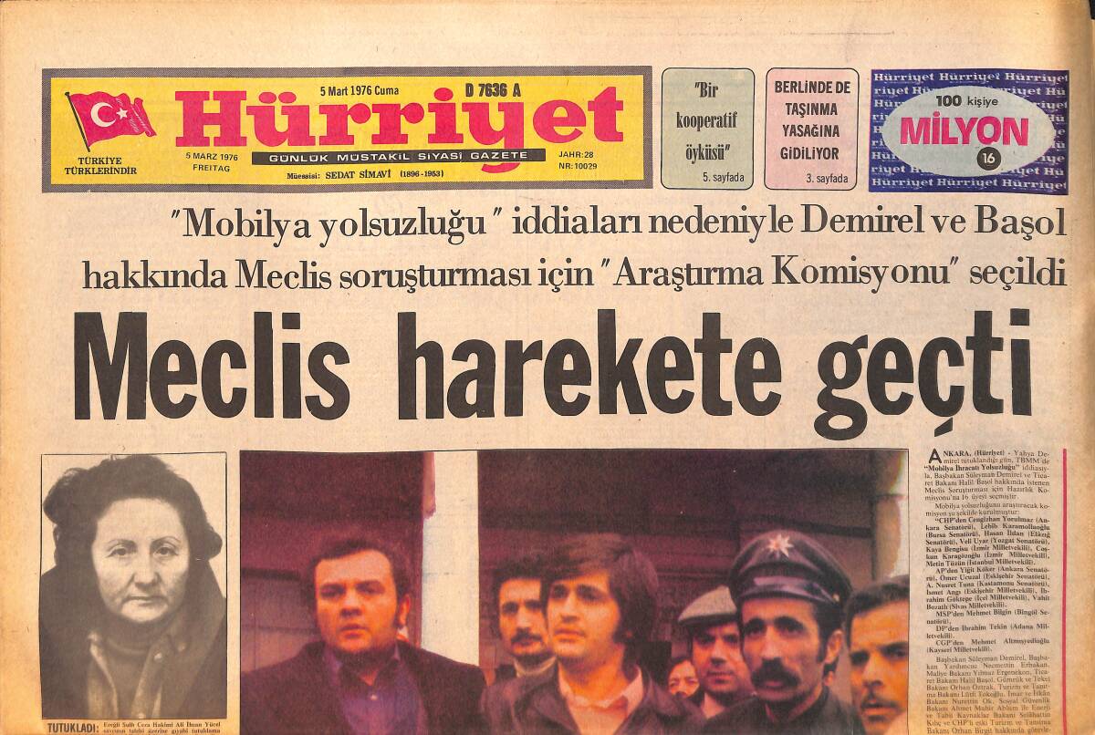 Hürriyet Gazetesi 5 Mart 1976 - Zeki Müren Afişi ve Konser Tarihleri - Mobilya Yolsuzluğunda Yahya Demiral İçin Meclis Araştırma Komisyonu Seçildi GZ158242 - 1