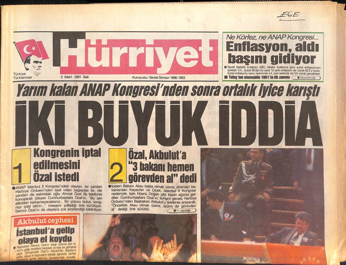Hürriyet Gazetesi 5 Mart 1991 - Yarım Kalan ANAP Kongresi'nden Sonra Ortalık İyice Karıştı - Saddam'a İsyan Sınırımızda GZ132958 - 1