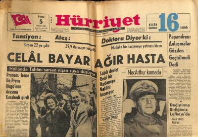 Hürriyet Gazetesi 5 Nisan 1964 - Celal Bayar Ağır Hasta GZ82085 - 1