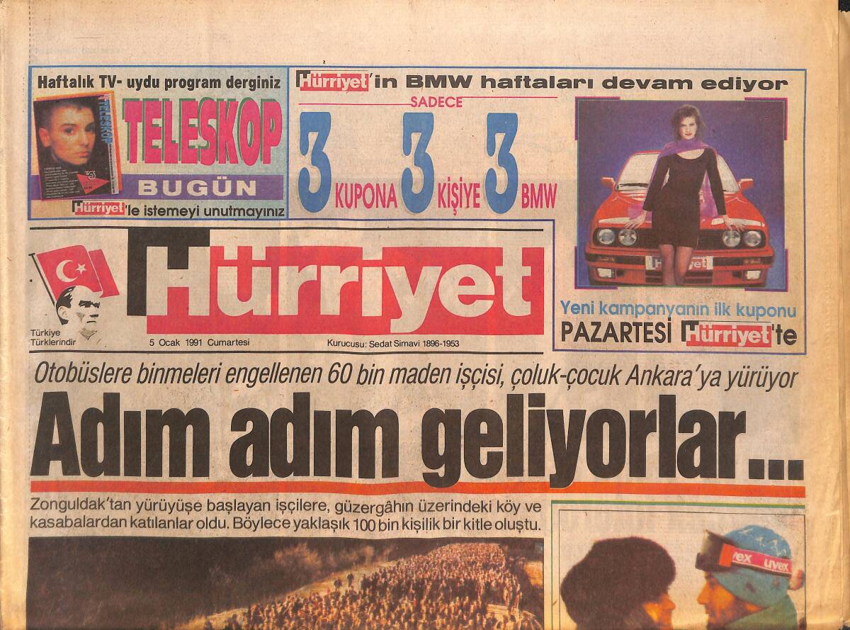 Hürriyet Gazetesi 5 Ocak 1991 - 60 Bin Maden İşçisi Ankara'ya Yürüyor - Trabzonspor'da Sıcak Hava GZ133887 - 1