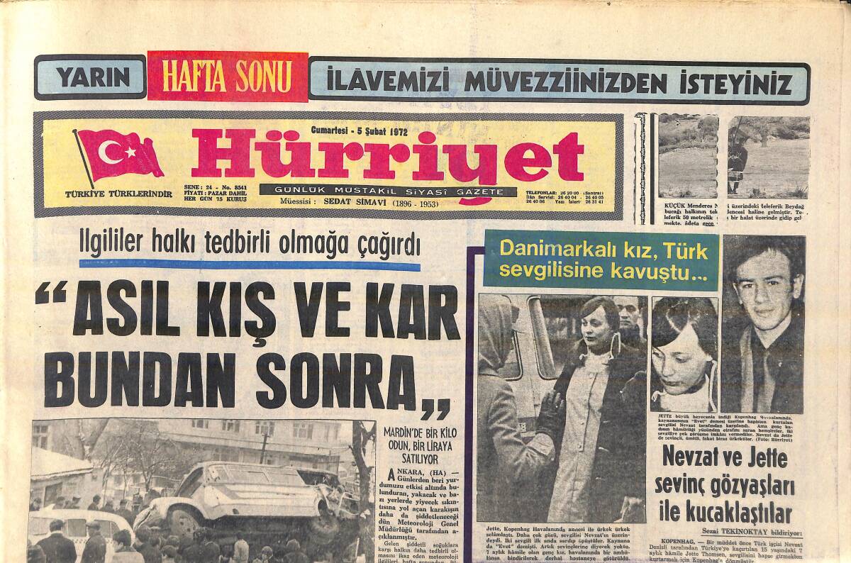Hürriyet Gazetesi 5 Şubat 1972 - Nevzat Ve Jette Sevinç Gözyaşları İle Kucaklaştılar - İspanyol Güzeli Şarkıcı Ceni Alaturka Söylenecek GZ156986 - 1