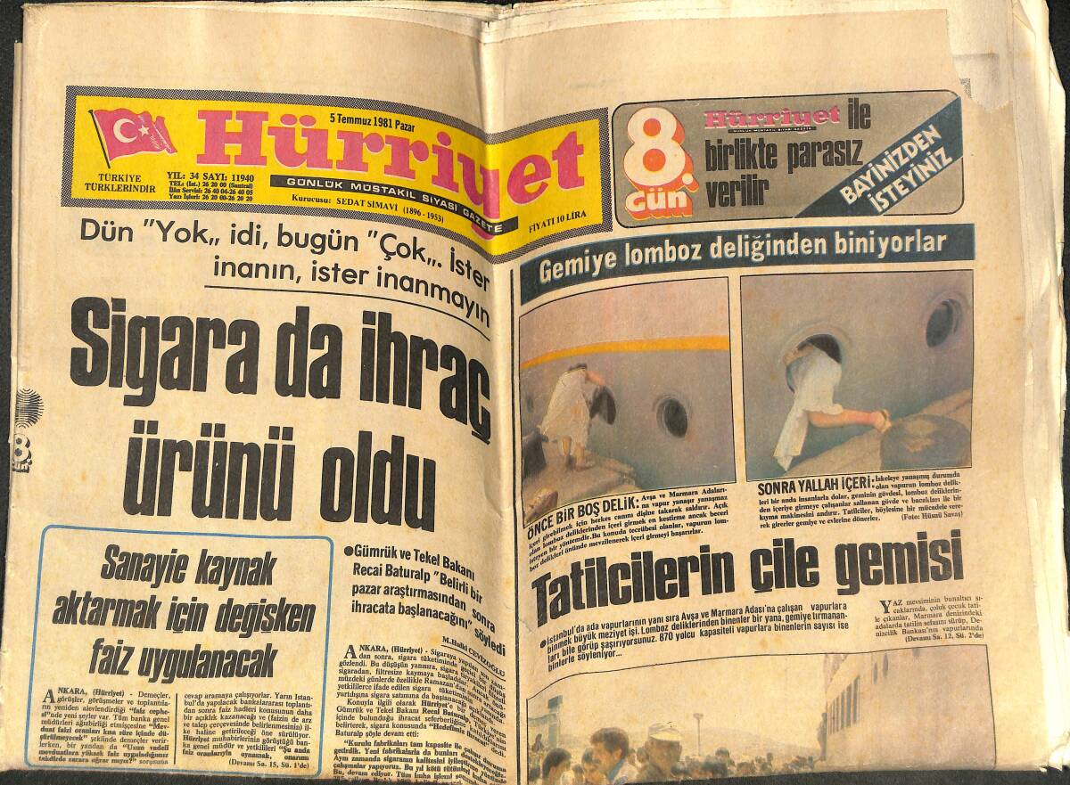 Hürriyet Gazetesi 5 Temmuz 1981 - Tatilcilerin Çile Gemisi - MC.Enroe B. Borg'u Devirdi - H. İbrahim Süper Kat Fiyatına Ankara Gücü'ne Gitti!... GZ142184 - 1