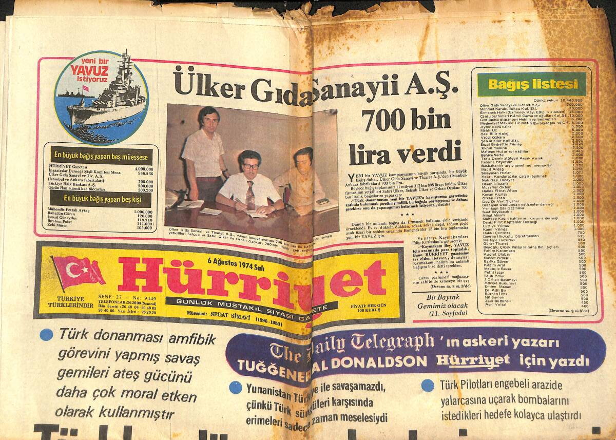 Hürriyet Gazetesi 6 Ağustos 1974 - Ülker Gıda Sanayii A.Ş. 700 Bin Lira Verdi - Taşlık Gazinosu Behiye Aksoy-Göksel Arsoy-Müjdat Gezen Afişi GZ142662 - 1