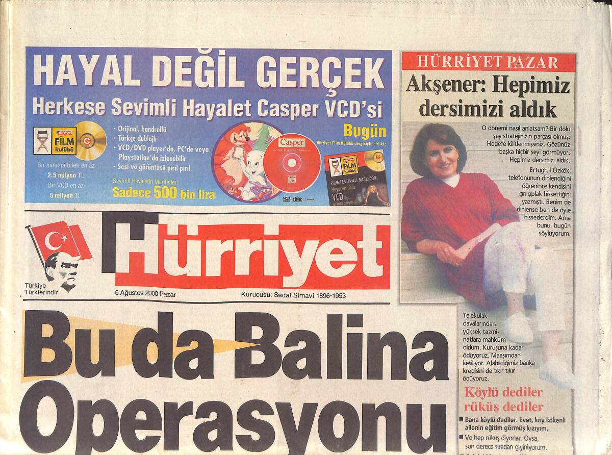 Hürriyet Gazetesi 6 Ağustos 2000 - İbo: Asena'yı Korumak Görevim - Deniz Akkaya Serbest Çalışıyor GZ2971 - 1