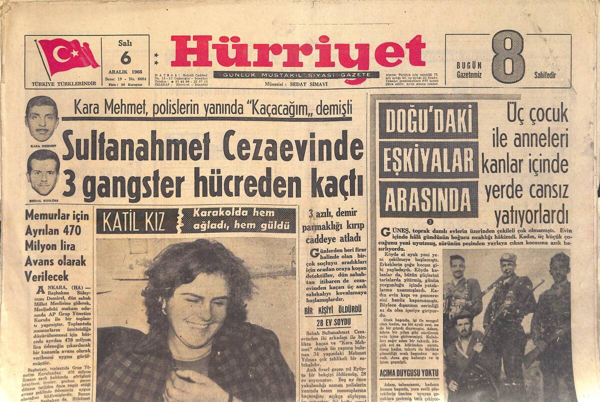 Hürriyet Gazetesi 6 Aralık 1966 - Aliki Vazgeçti - Sultanahmet Cezaevinde 3 Gangster Hücreden Kaçtı GZ156893 - 1
