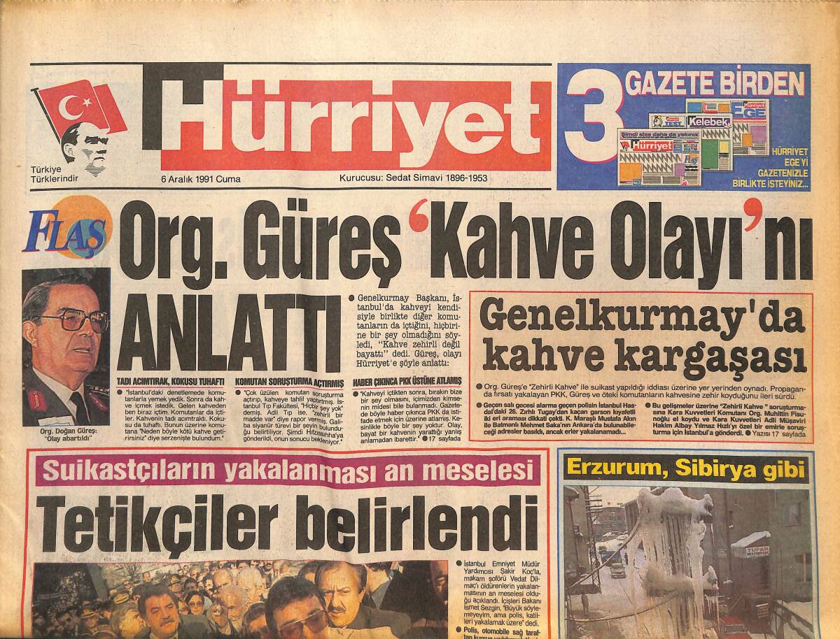 Hürriyet Gazetesi 6 Aralık 1991 - Kenan Evren'i Kandırmışlar - Org. Güreş Kahve Olayını Anlattı GZ134207 - 1