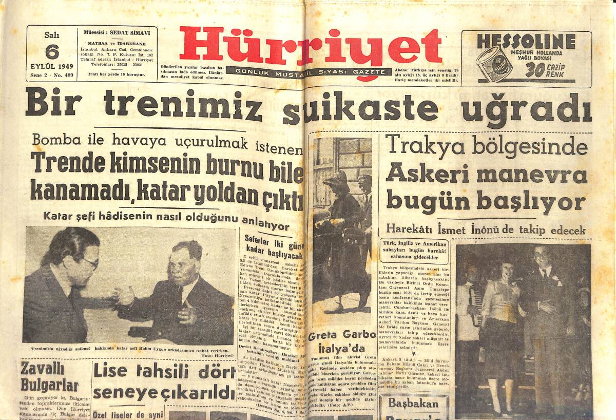 Hürriyet Gazetesi 6 Eylül 1949 - Trakya Bölgesinde Askeri Manevra Bugün Başlıyor - Greta Garbo İtalya'da GZ142342 - 1