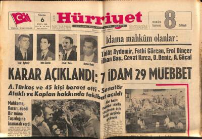 Hürriyet Gazetesi 6 Eylül 1963 - A. Türkeş Ve 45 Kişi Beraet Etti . Senatör Ataklı Ve Kaplan Hakkında Takibat Açıldı GZ72007 - 1