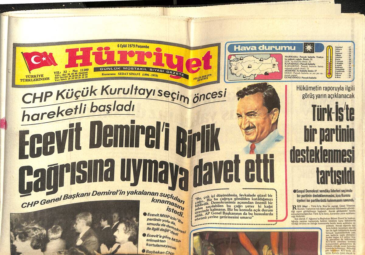 Hürriyet Gazetesi 6 Eylül 1979 - Bülent Ecevit Demirel'i Birlik Çağrısına Uymaya Davet Etti - Bülent Ersoy Yeni Kapı Gar Gazinosu Afişi GZ142501 - 1
