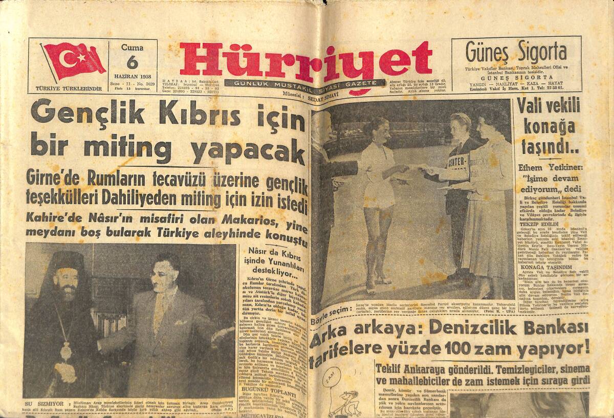 Hürriyet Gazetesi 6 Haziran 1958 - Gençlik Kıbrıs İçin Bir Miting Yapacak - Fenerbahçeli Futbolcular Dün Kampa Girmek İstemediler! GZ142200 - 1