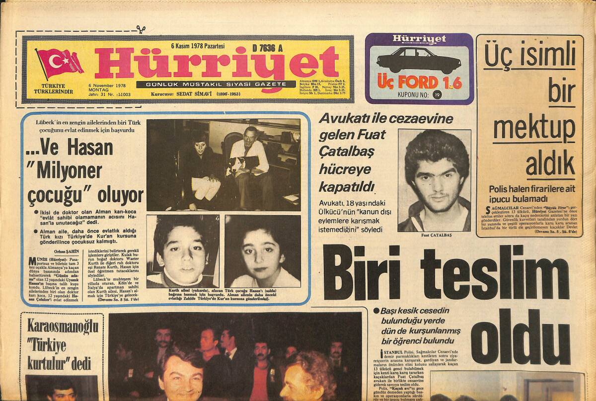 Hürriyet Gazetesi 6 Kasım 1978 - Gülşen Bubikoğlu Dünya Turuna Çıkıyor GZ157752 - 1