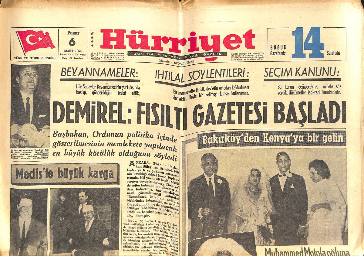 Hürriyet Gazetesi 6 Mart 1966 - Paris'te Erkeklere Kibarlık Öğreten bir Okul Açıldı - Süleyman Demirel: Fısıltı Gazetesi Başladı! GZ142255 - 1