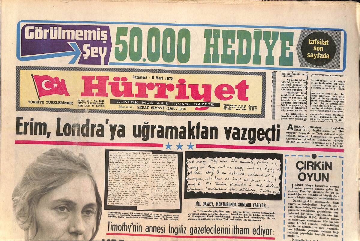 Hürriyet Gazetesi 6 Mart 1972 - Erim Londra'ya Uğraşmaktan Vazgeçti - Boğazda Rusların Casusluk Okulu Ortaya Çıktı GZ156725 - 1