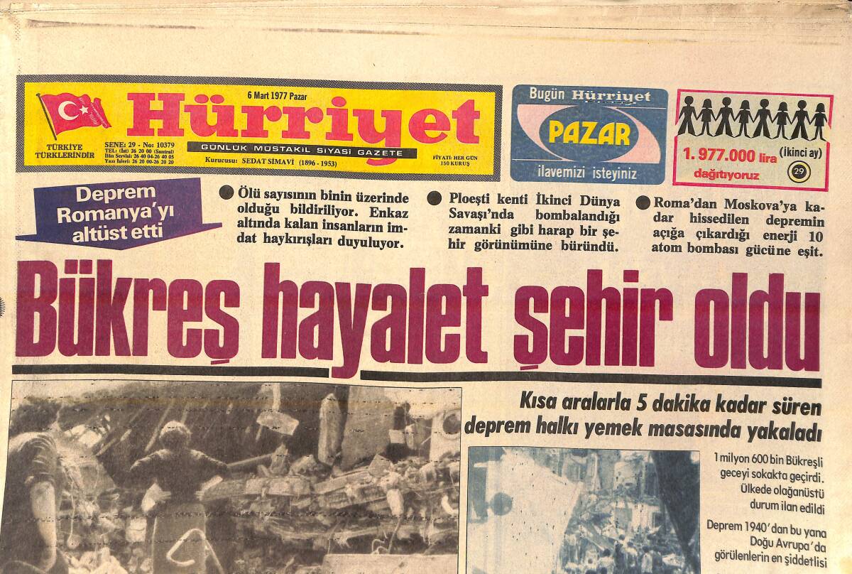 Hürriyet Gazetesi 6 Mart 1977 - Yönetmen Türkan Şoray Brüksel'de Özel Ödül Aldı - Bükreş Hayalet Şehir Oldu GZ156720 - 1
