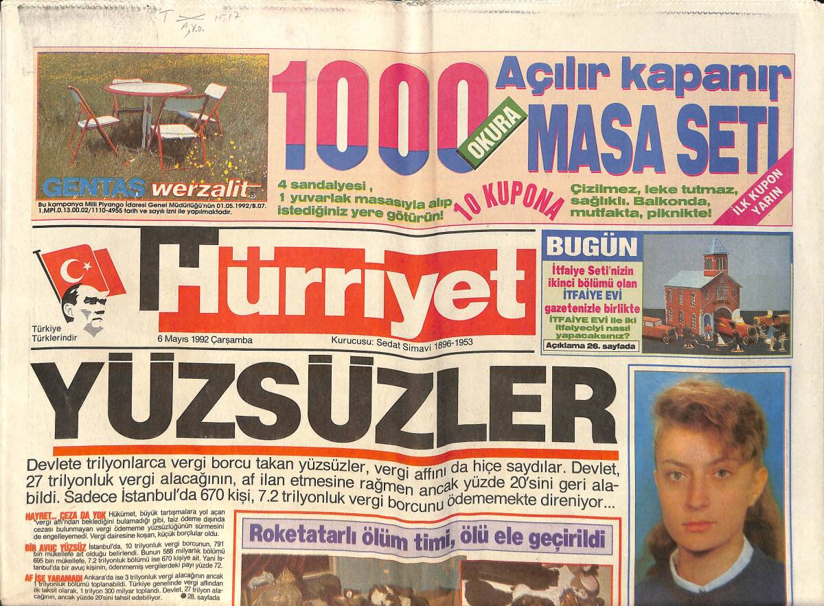 Hürriyet Gazetesi 6 Mayıs 1992 - Cumhurbaşkanı Özal'ın Ateşinin Armasını Endişeye Sebep Oldu - Devlete Trilyonlarca Vergi Borcu Takanlar GZ159113 - 1