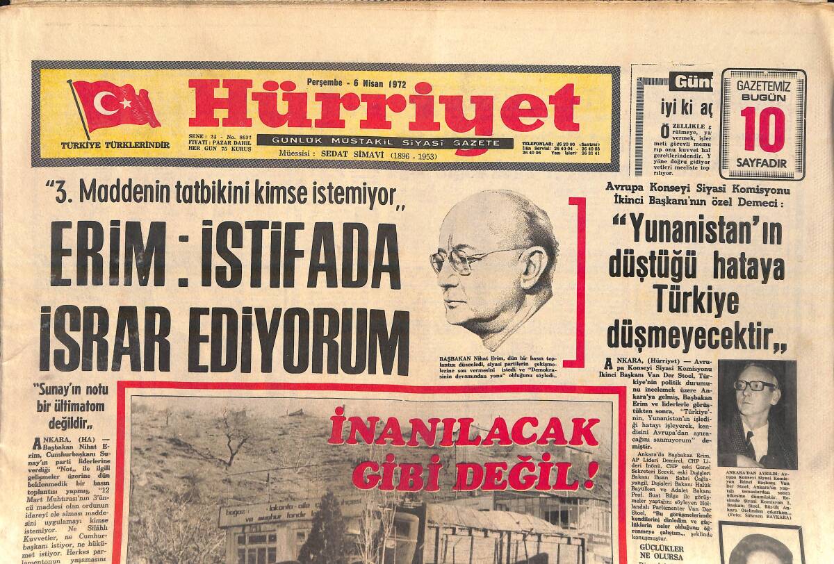 Hürriyet Gazetesi 6 Nisan 1972 - Erim: İstifada Israr Ediyorum - Bakırköy Akıl Hastalarının Bilgi Yarışması GZ156671 - 1