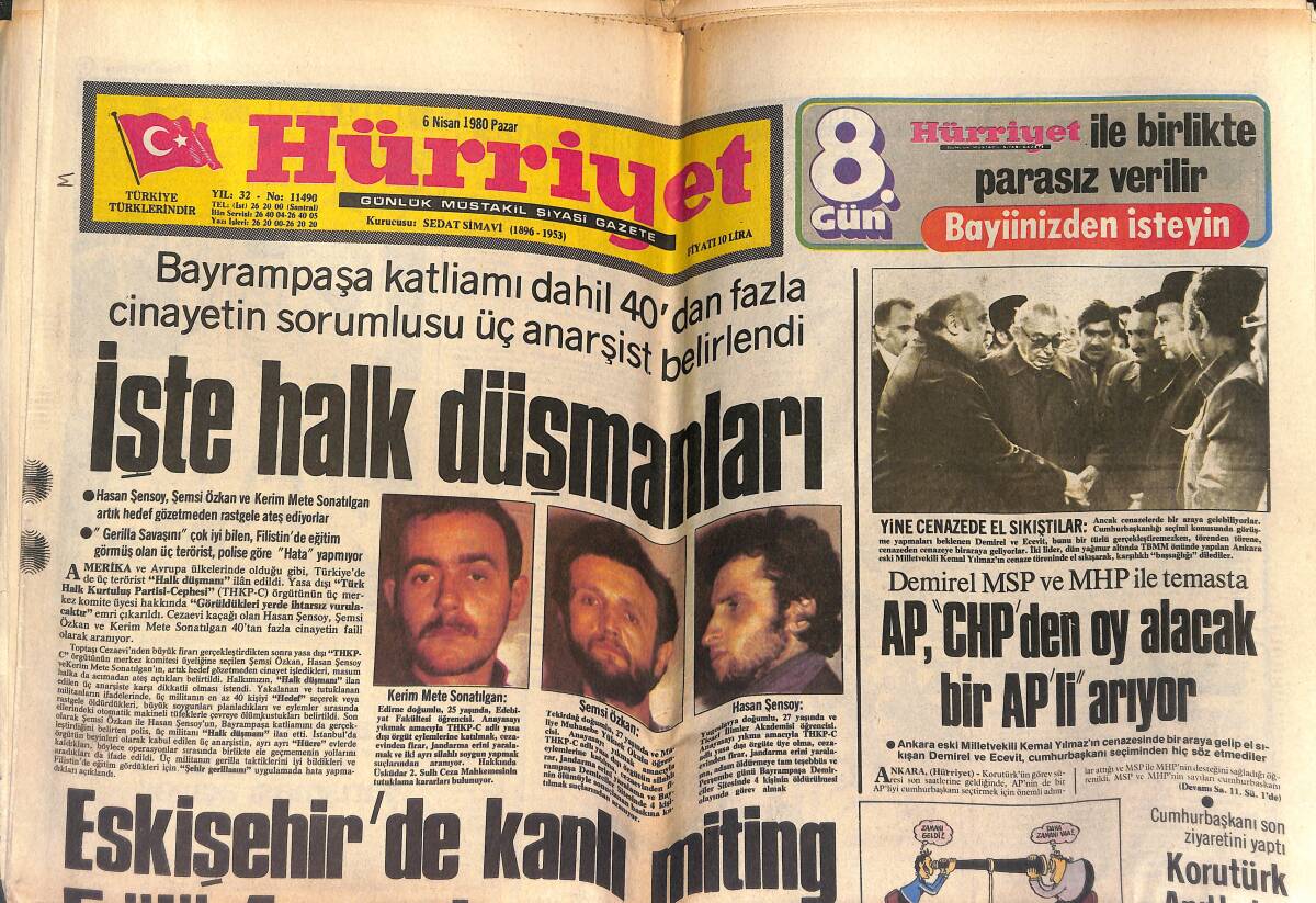 Hürriyet Gazetesi 6 Nisan 1980 - Eskişehir'de Kanlı Miting - Nezahat Nine 71 Yaşında Tekrar Öğrenci Oldu GZ153387 - 1