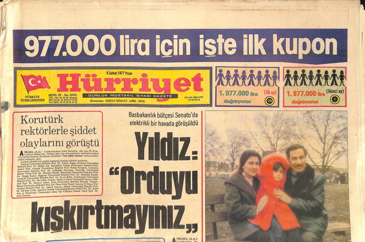 Hürriyet Gazetesi 6 Şubat 1977 - Demirel Boğaz'a Döşenecek Boru Hattının Temelini Attı - Brigitte Ve Ursula Gençlere Meydan Okuyor GZ156718 - 1