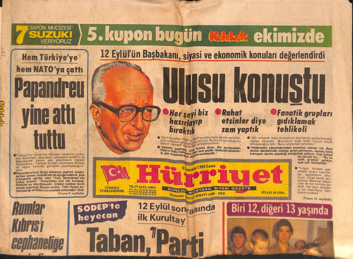 Hürriyet Gazetesi 6 Temmuz 1984 - Halefoğlu , Papa'dan Terörle Mücadele İçin Yardım İstedi - Papandreu Yine Attı Tuttu GZ134610 - 1