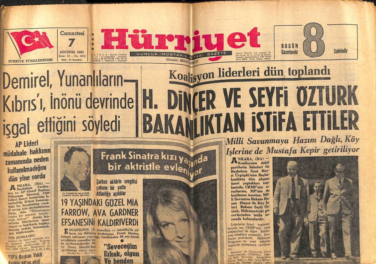 Hürriyet Gazetesi 7 Ağustos 1965 - Frank Sinatra Kızı Yaşında Bir Aktrisle Evleniyor - Uğur Kıvılcım İle Sevişen Hayri Caner Bayılmadan Önce GZ143112 - 1