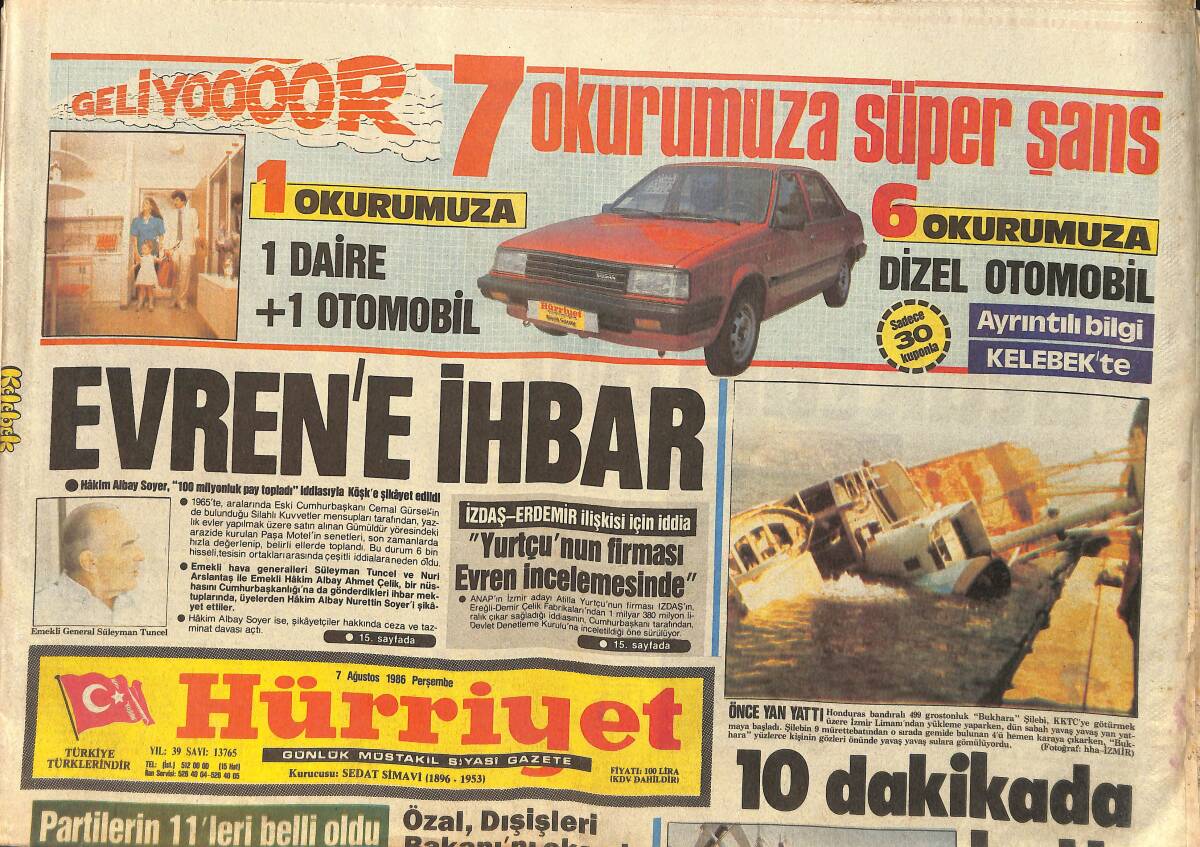 Hürriyet Gazetesi 7 Ağustos 1986 - Nazi Avcısı Farrah - Caroline Bu Çocuklar Kimden GZ2882 - 1