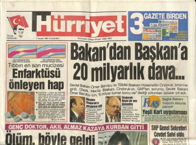 Hürriyet Gazetesi 7 Aralık 1991 - Semra Özal , Tedavi İçin İsviçreye Gitti - Tıbbın Son Mucizesi Enfarktüsü Önleyen Hap GZ88240 - 1