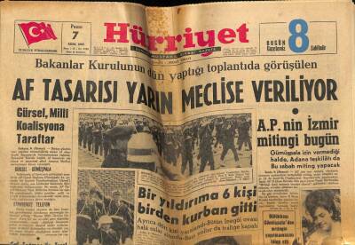 Hürriyet Gazetesi 7 Ekim 1962 - Af Tasarısı Yarın Meclise Veriliyor GZ54909 - 1