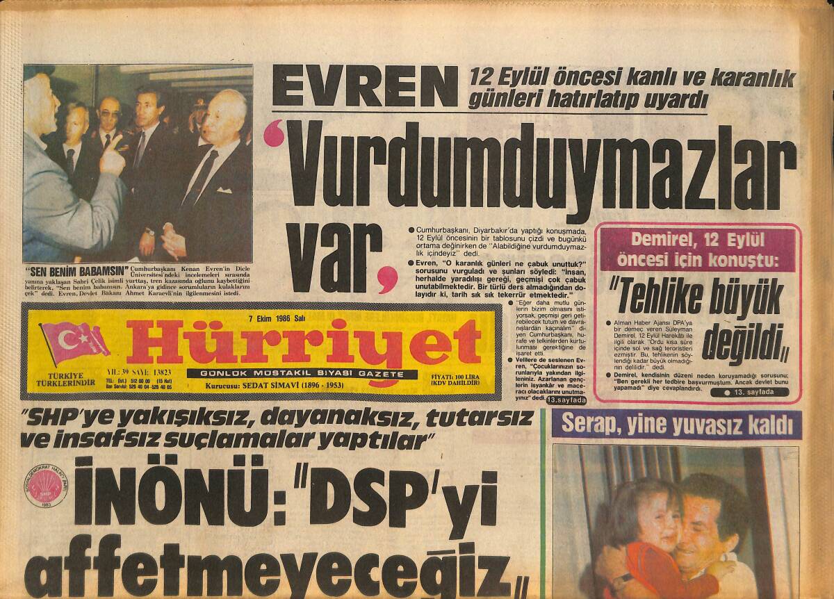 Hürriyet Gazetesi 7 Ekim 1986 - İnönü : DSP'yi Affetmeyeceğiz - Samsunspor Başkanı : Zirveye Bağdaş Kurduk Ağam GZ133895 - 1