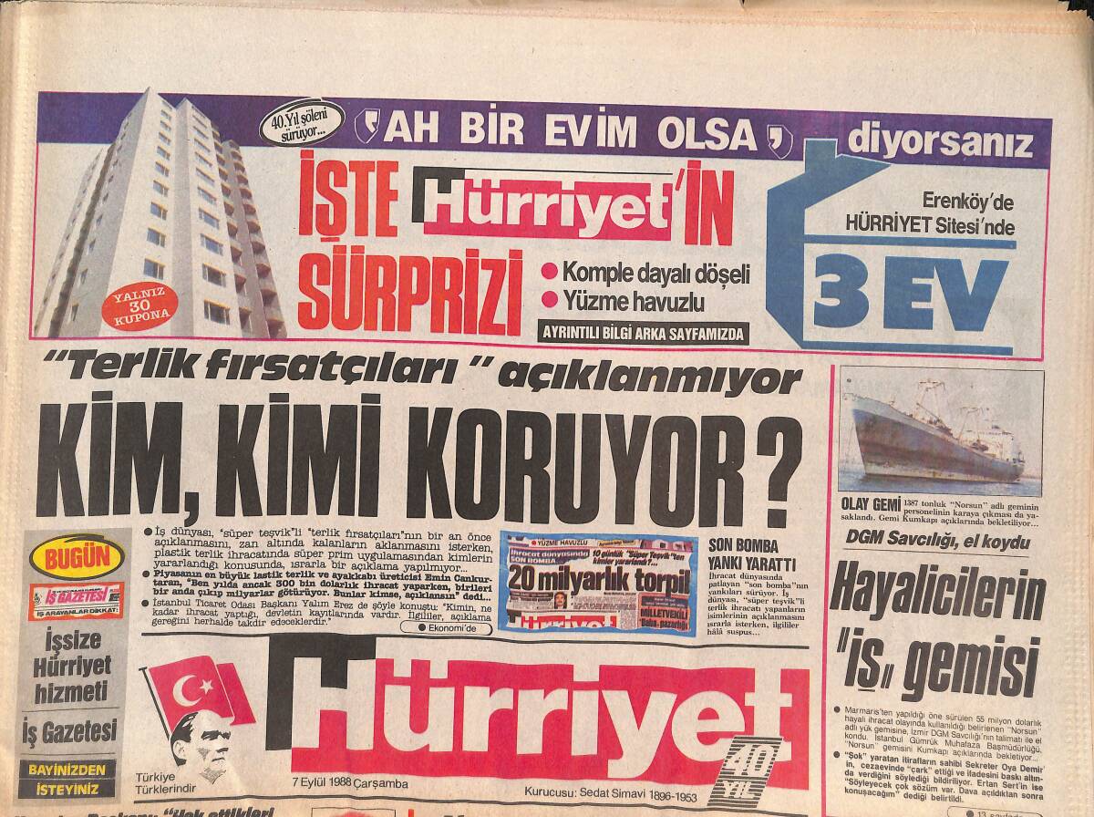 Hürriyet Gazetesi 7 Eylül 1988 - Saddam'ın Sahte Affına Dikkat - Bakan Uçağında Füze Paniği - Şeriatçıya , Yargıdan Sert Şamar GZ133129 - 1