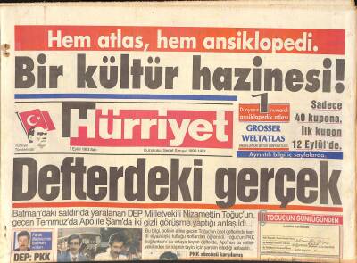 Hürriyet Gazetesi 7 Eylül 1993 - Sincarın Tabutu Türk Bayrağına Sarılmadı - Ve Seba Patladı - Tarkan , Hemşerileriyle Özlem Giderecek GZ126995 - 1