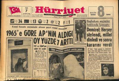 Hürriyet Gazetesi 7 Haziran 1966 - Ayfer Feray Londraya Tedaviye Gitti - 1965e Göre APnin Aldığı Oy Yüzde 7 Arttı GZ117567 - 1