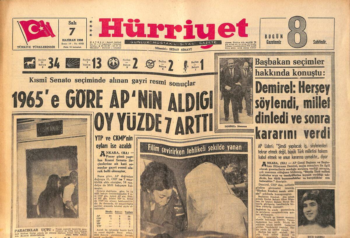 Hürriyet Gazetesi 7 Haziran 1966 - Ayfer Feray Londra'ya Tedaviye Gitti - Başbakan Seçimler Hakkında Konuştu GZ160801 - 1