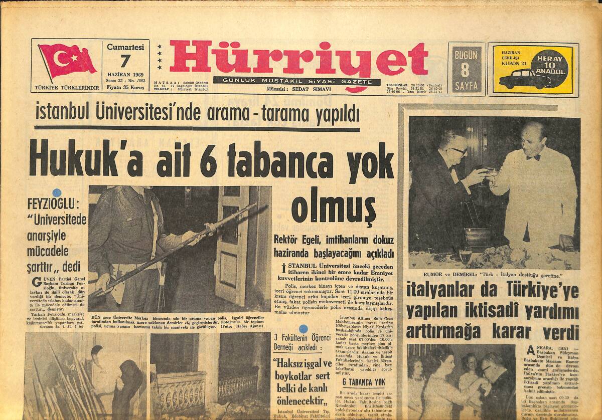 Hürriyet Gazetesi 7 Haziran 1969 - Galatasaray Kupanın Da Kulpuna Yapıştı - İstanbul Üniversitesinde Arama Tarama Yapıldı GZ157560 - 1