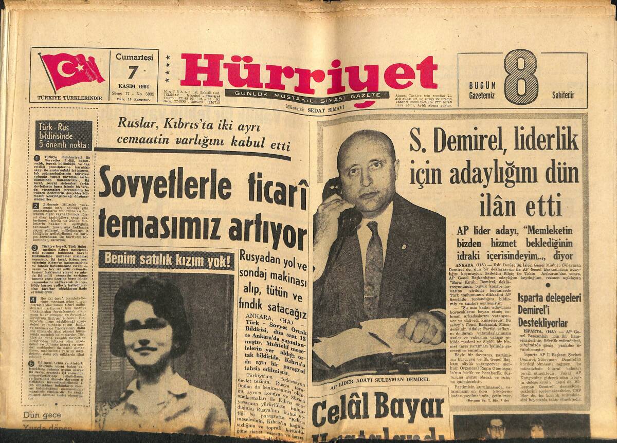 Hürriyet Gazetesi 7 Kasım 1964 - Yatak Sahnelerinde Leyla Sayar, Ajda Pekkan, Sevda Ferdağ Tercih Ediliyor - Öztürk Serengil, Avare Melek Filminde GZ146938 - 1