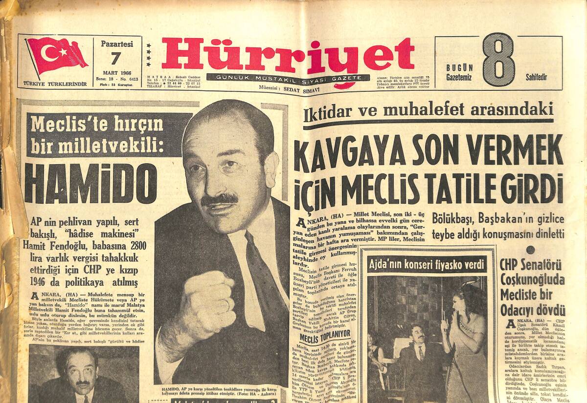 Hürriyet Gazetesi 7 Mart 1966 - Kavgaya Son Vermek İçin Meclis Tatile Girdi - Mecliste Hırçın Bir Milletvekili Hamido GZ142254 - 1