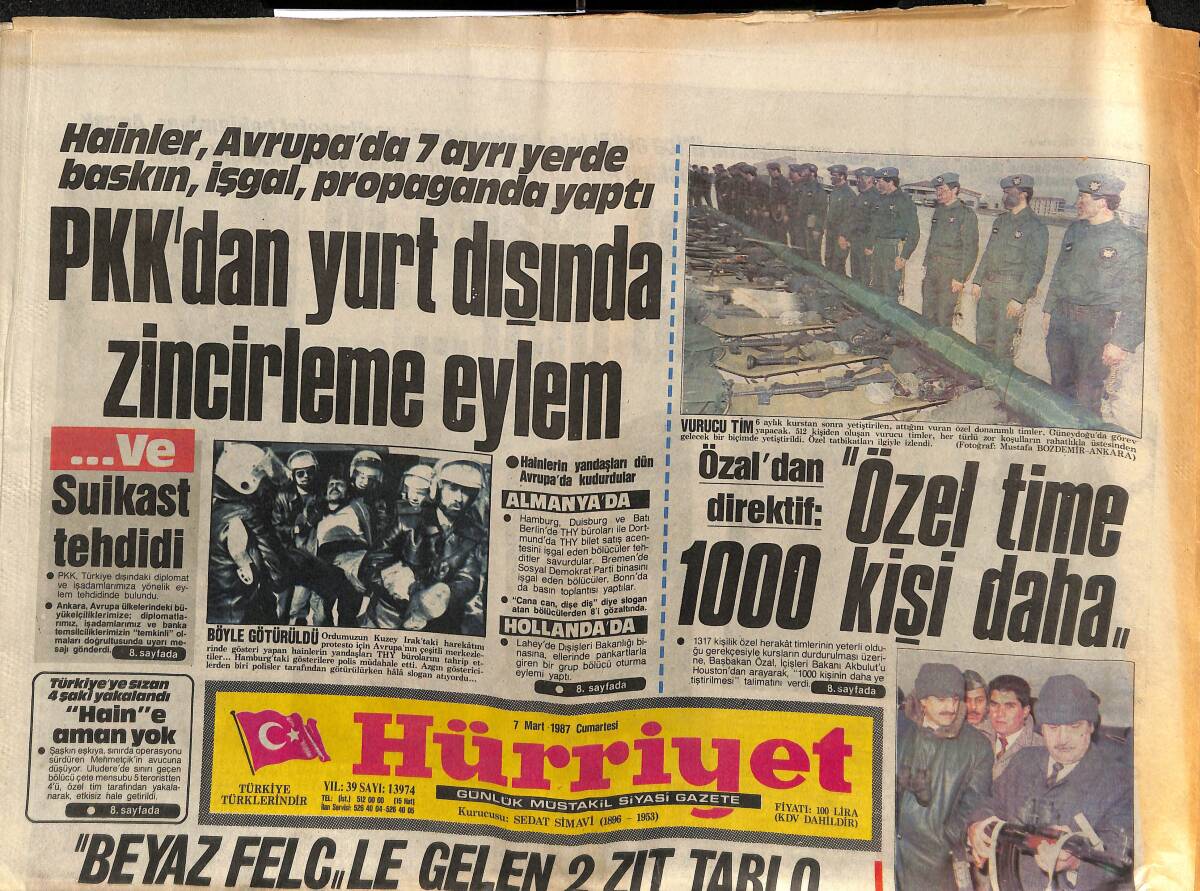 Hürriyet Gazetesi 7 Mart 1987 - PKK'dan Yurt Dışında Zincirleme Eylem - Sudi Türel Bakan Dede GZ150462 - 1