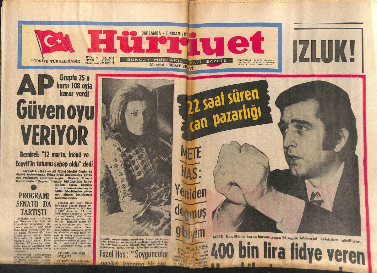 Hürriyet Gazetesi 7 Nisan 1971 - AP Güvenoyu Veriyor - Sophia Loren İkinci Doğuma Hazırlanıyor! GZ140618 - 1
