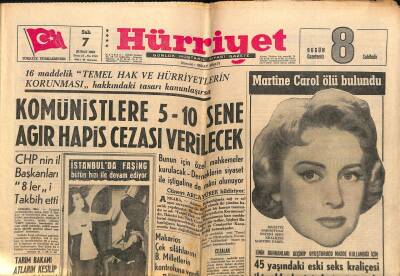 Hürriyet Gazetesi 7 Şubat 1967 - Yunan Kraliyet Konseyi İkili Görüşmelerin Devamı İçin Gece Karar Verdi - Martine Carol Ölü Bulundu GZ117942 - 1
