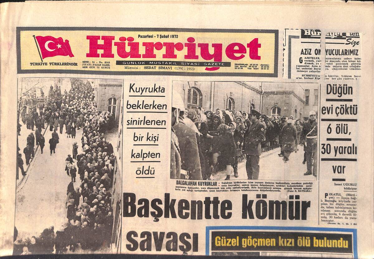 Hürriyet Gazetesi 7 Şubat 1972 - Başkentte Kömür Savaşı, Kuyrukta Beleyen 1 Kişi Öldü - Efes Pilsen Reklam Afişi - OMO Reklam Afişi GZ157031 - 1