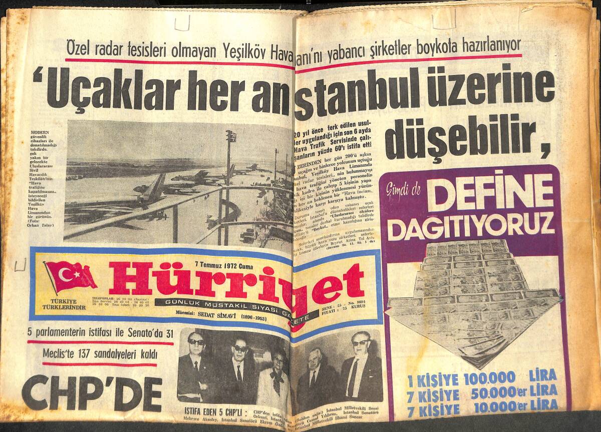 Hürriyet Gazetesi 7 Temmuz 1972 - Türkan Şoray'ın Acele Olarak İstanbul'a Nakli Şart - Athenagoras Gece Öldü GZ142449 - 1