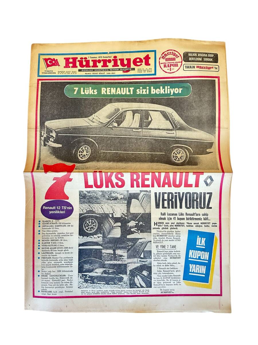 Hürriyet Gazetesi 7 Temmuz 1973 - Renault 12 TS Tanıtım Reklamı GZ157630 - 1