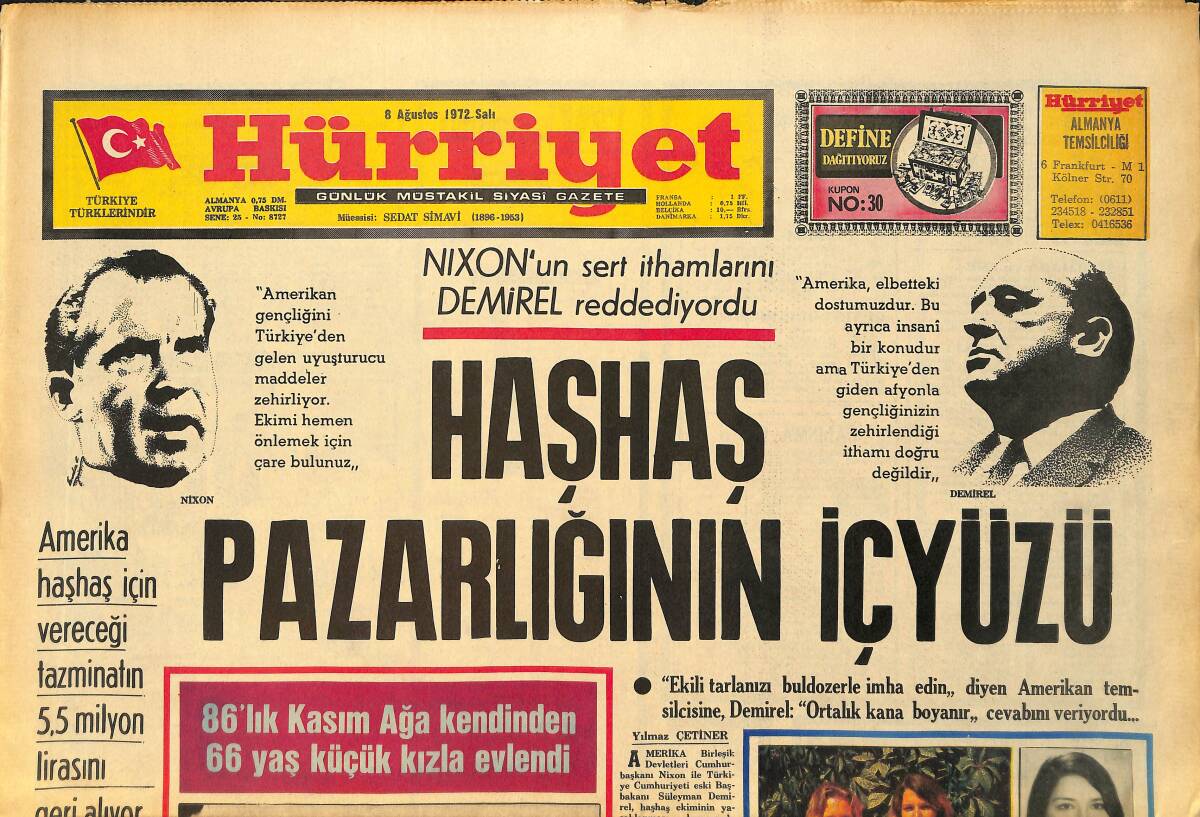 Hürriyet Gazetesi 8 Ağustos 1972 - Haşhaş Pazarlığının İçyüzü - Luton Town Fenerbahçe Maçında Seyirciler Meydan Kavgası Seyretti GZ157555 - 1