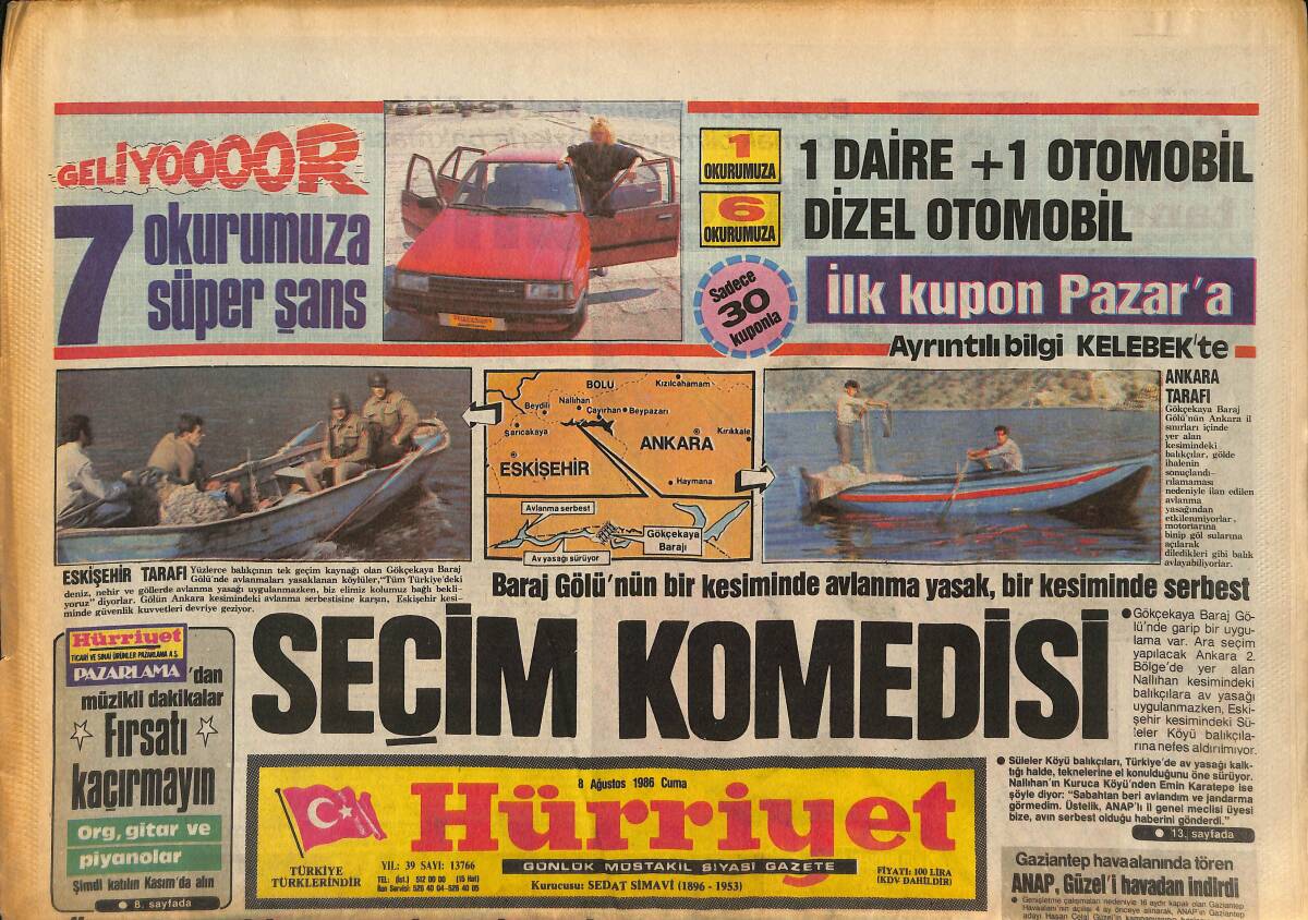 Hürriyet Gazetesi 8 Ağustos 1986 - SHP'de Gürkan Tartışması - THY Atina Bürosuna Maskeli Baskın GZ133027 - 1