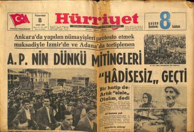 Hürriyet Gazetesi 8 Ekim 1962 - APnin Mitingleri Hadisesiz Geçti GZ99261 - 1