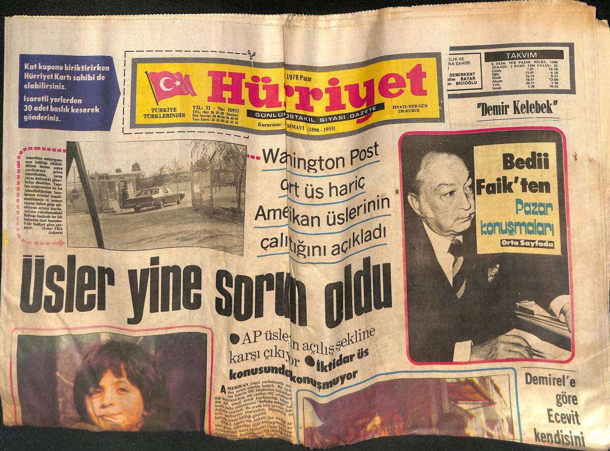 Hürriyet Gazetesi 8 Ekim 1978 - Türkeş : Ecevit Ordudan Neden Korkuyor - İntikam Tugayları Kol Geziyor - Erzurum'da Kırkpınar Yeniden Başladı GZ133321 - 1