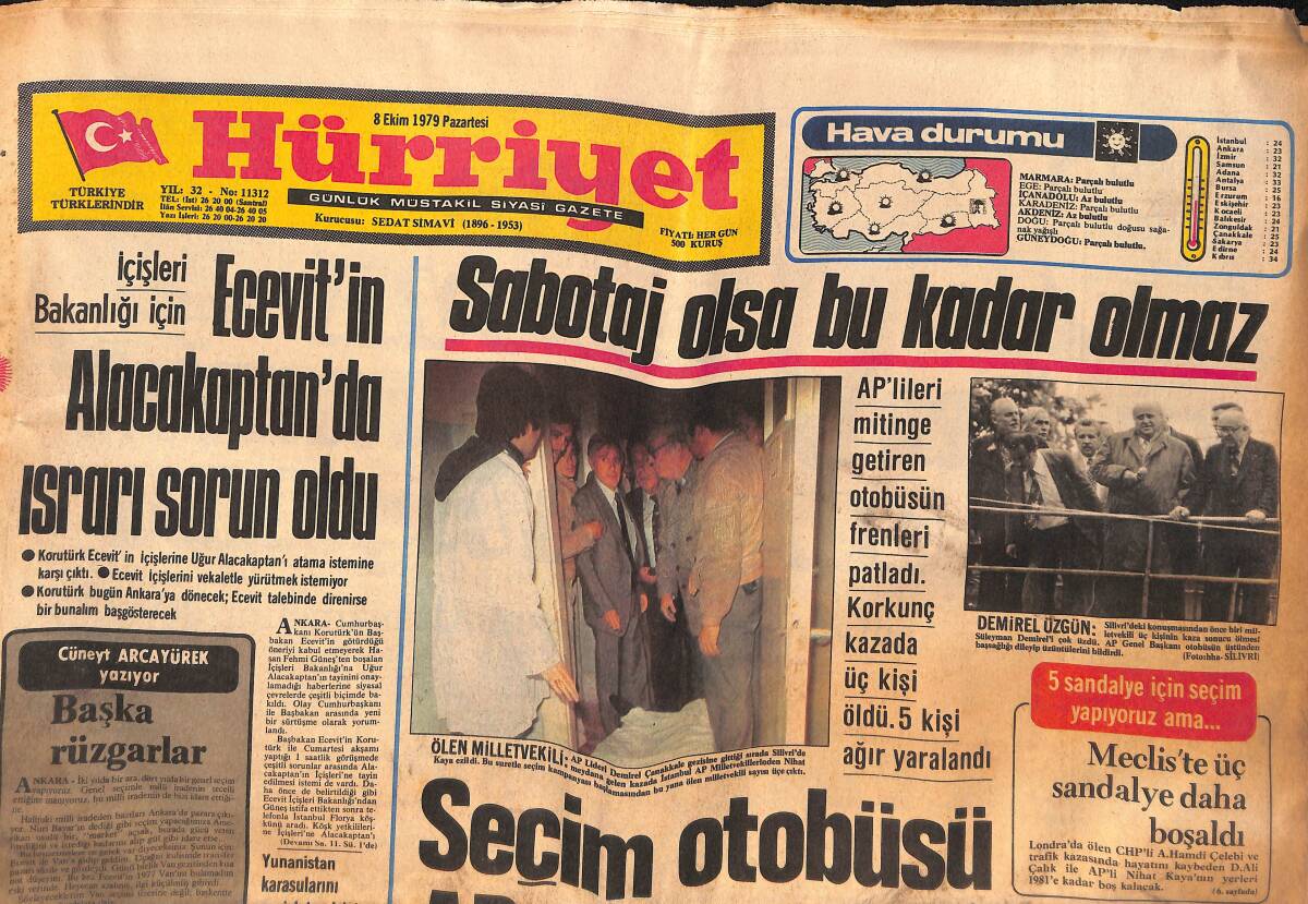 Hürriyet Gazetesi 8 Ekim 1979 - Aynur Aydan : Hasan Bey Eşini Bırakmasın - Galatasaray Komadan Çıktı GZ134349 - 1