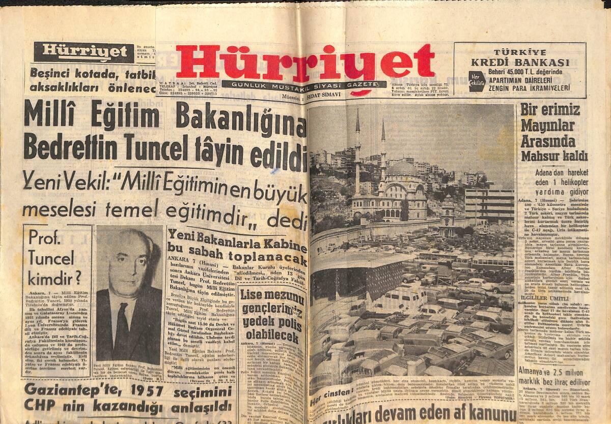 Hürriyet Gazetesi 8 Eylül 1960 - Milli Eğitim Bakanlığına Bedrettin Tuncel Tayin Edildi - Londra Uçak Kazası Ve Saime Sinan GZ141929 - 1