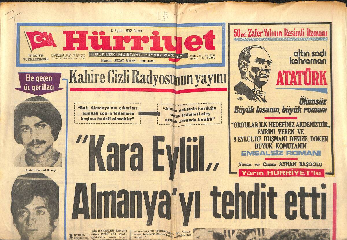 Hürriyet Gazetesi 8 Eylül 1972 - Kara Eylül Almanya'yı Tehdit Ediyor - Ele Geçirilen Üç Gerillacı GZ142251 - 1