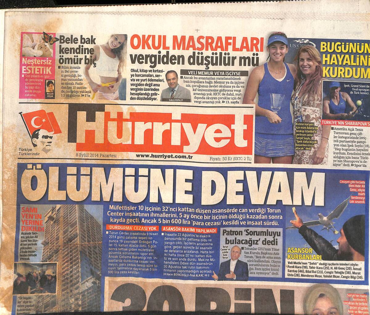 Hürriyet Gazetesi 8 Eylül 2014 - Müslüm Gürses'in Öldüğünü 4 Gün Sonra Söylediler! - Merve Boluğur New York'ta İlk Günü! GZ136832 - 1